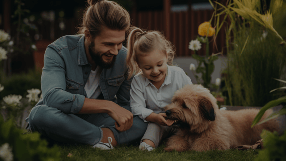 Ein Mann und ein kleines Mädchen lächeln, während sie im Garten sitzen und einen flauschigen, honigfarbenen Hund streicheln. Im Hintergrund sind Pflanzen und ein Holzzaun zu sehen. Das Bild strahlt Wärme und familiäre Verbundenheit aus.