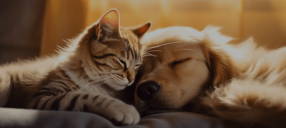 Cat and dog cuddling